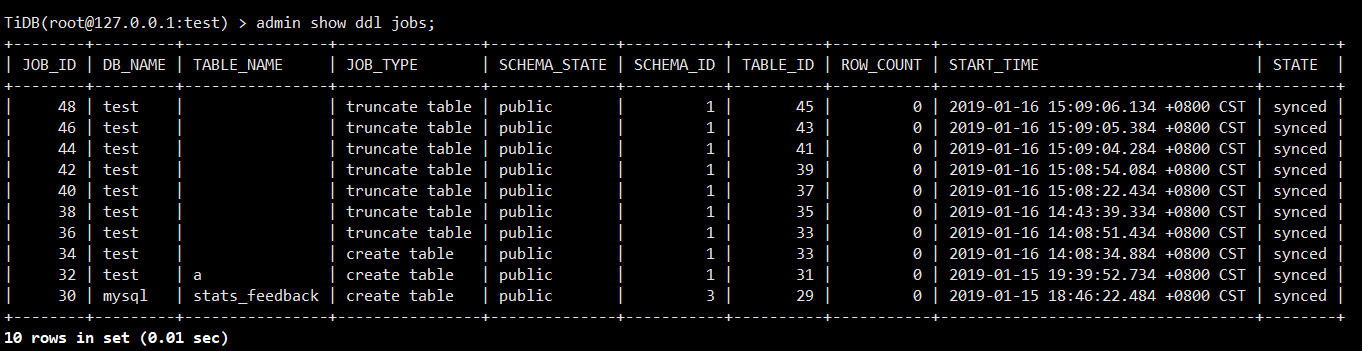 ap.tidb.cc truncare table ddl admin show ddl jobs 